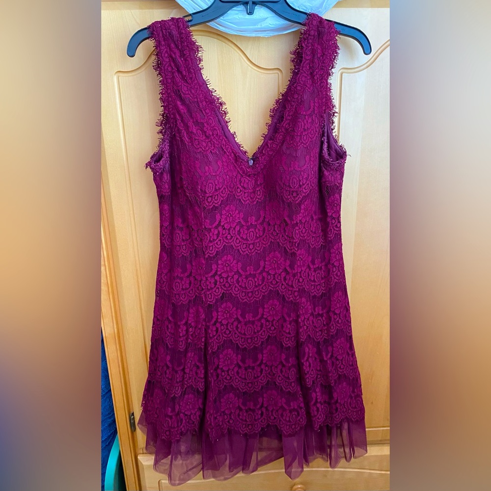 Betsy & Adam burgundy lace cocktail dress